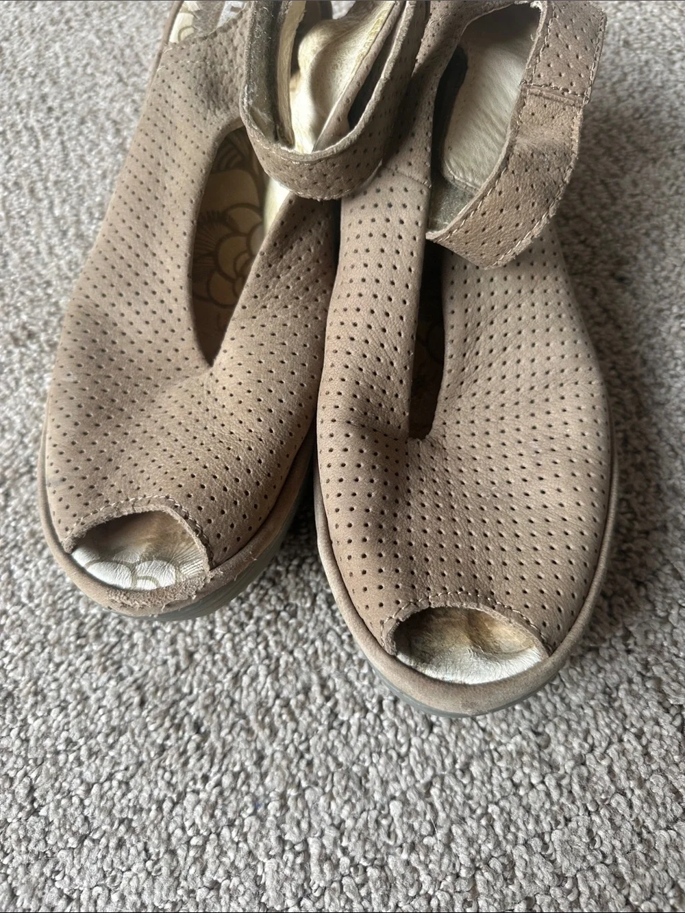 Fly London tan Yala Perforated Peep-Toe Wedge Sandals